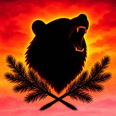 a roaring bear head above crossed pine branches, bold graphic composition on a plain background, no text