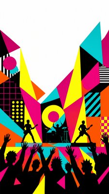 a live music scene with a glowing stage and silhouetted crowd, energetic vertical composition with open space at the top, no text