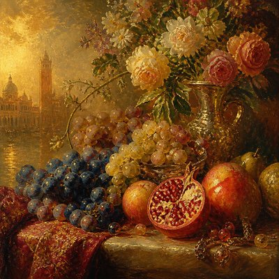 still life arrangement of fruits and flowers
