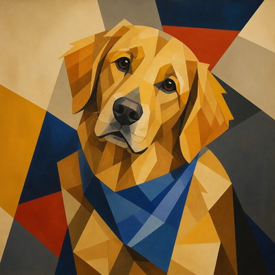portrait of a golden retriever wearing a blue bandana, warm plain backdrop, no text
