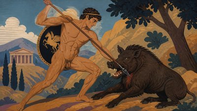 ancient greek ignudi warrior slaying a boar