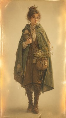 full-body original character: a wandering botanist with a satchel of plants, a patched green cloak, tall boots and round glasses, neutral background