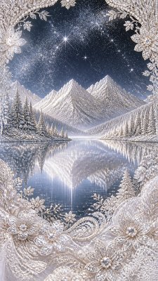 a tranquil mountain lake beneath a starry night sky, no people, no text