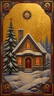 a snow-covered cottage with warm glowing windows beside a decorated pine tree, gentle snowfall, no text