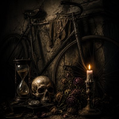 bicyle resting against a wall — Memento Mori Art Style