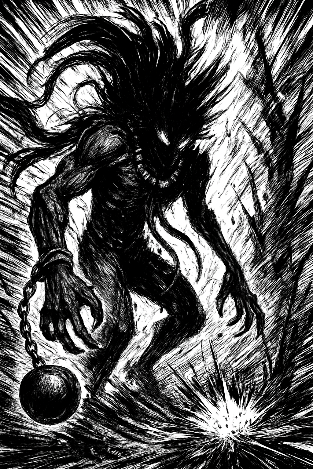 a black and white drawing of a demon holding a ball
