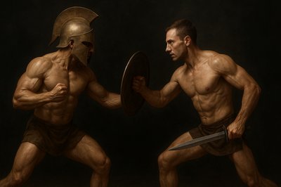 a painting of two men fighting each other