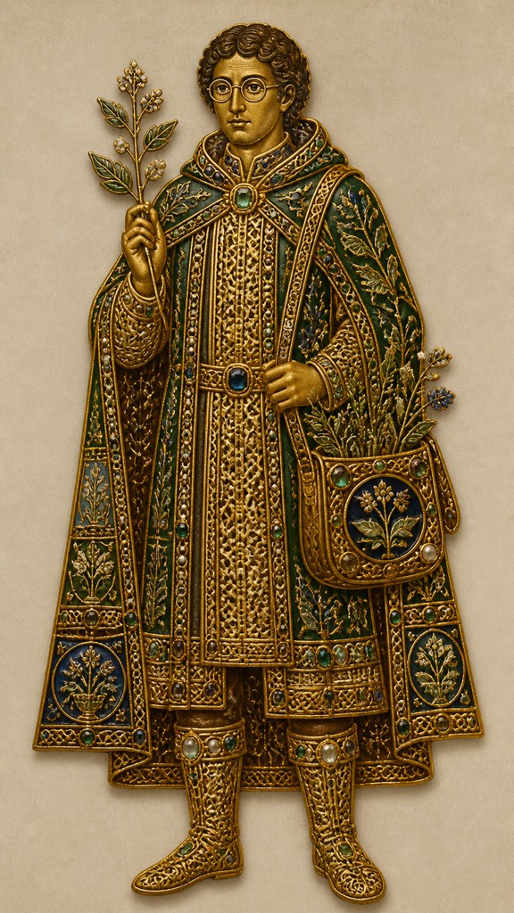 full-body original character: a wandering botanist with a satchel of plants, a patched green cloak, tall boots and round glasses, neutral background