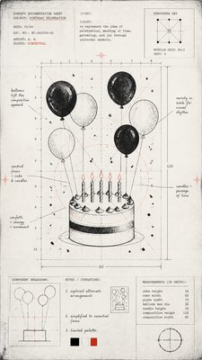 a birthday cake with lit candles surrounded by balloons and confetti, festive vertical composition, no text