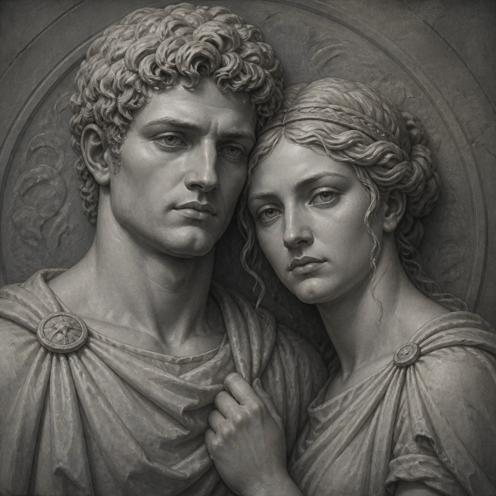 portrait of two people together — Grisaille Painting Style
