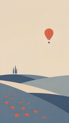 a hot air balloon drifting over rolling flower fields on a sunny day, cheerful, no text