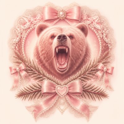 a roaring bear head above crossed pine branches, bold graphic composition on a plain background, no text