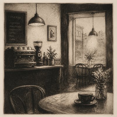 cozy cafe interior with warm lighting