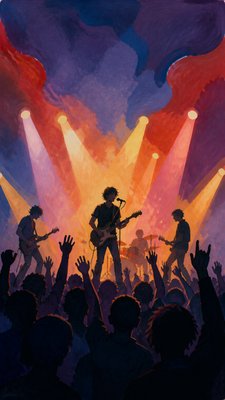 a live music scene with a glowing stage and silhouetted crowd, energetic vertical composition with open space at the top, no text