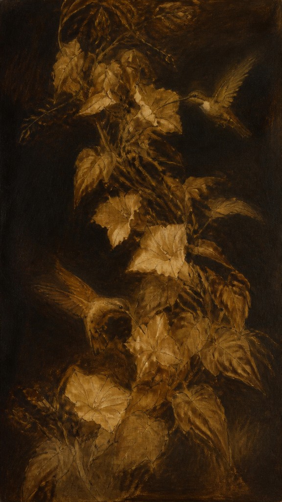 a climbing vine of flowers and hummingbirds on a dark background, tall wrapping composition, no text