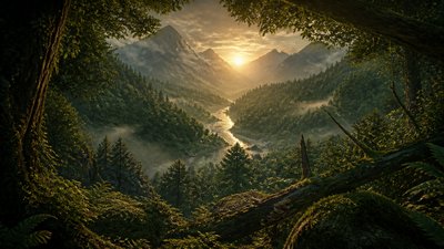 a vast valley with a river winding toward distant mountains at sunrise, no people, no text
