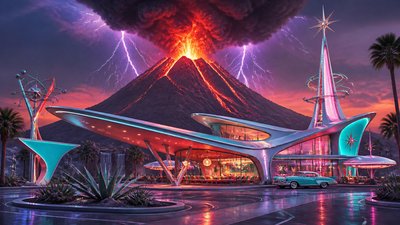an erupting volcano with lightning strikes, dramatic wide composition, no text