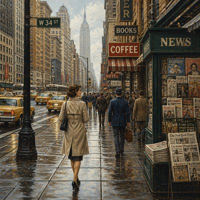 urban street with city activity — Implied Texture Art Style