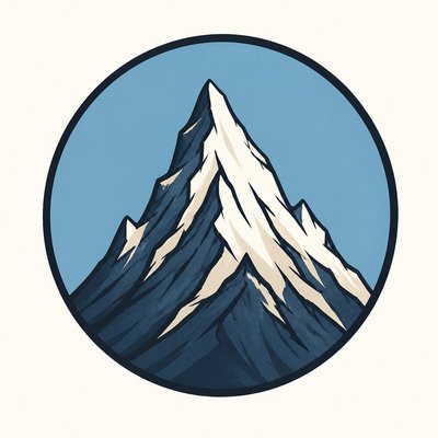 an emblem of a mountain peak inside a circle, simple bold shapes on a plain background, no text or lettering