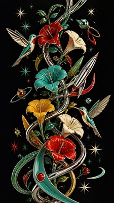 a climbing vine of flowers and hummingbirds on a dark background, tall wrapping composition, no text