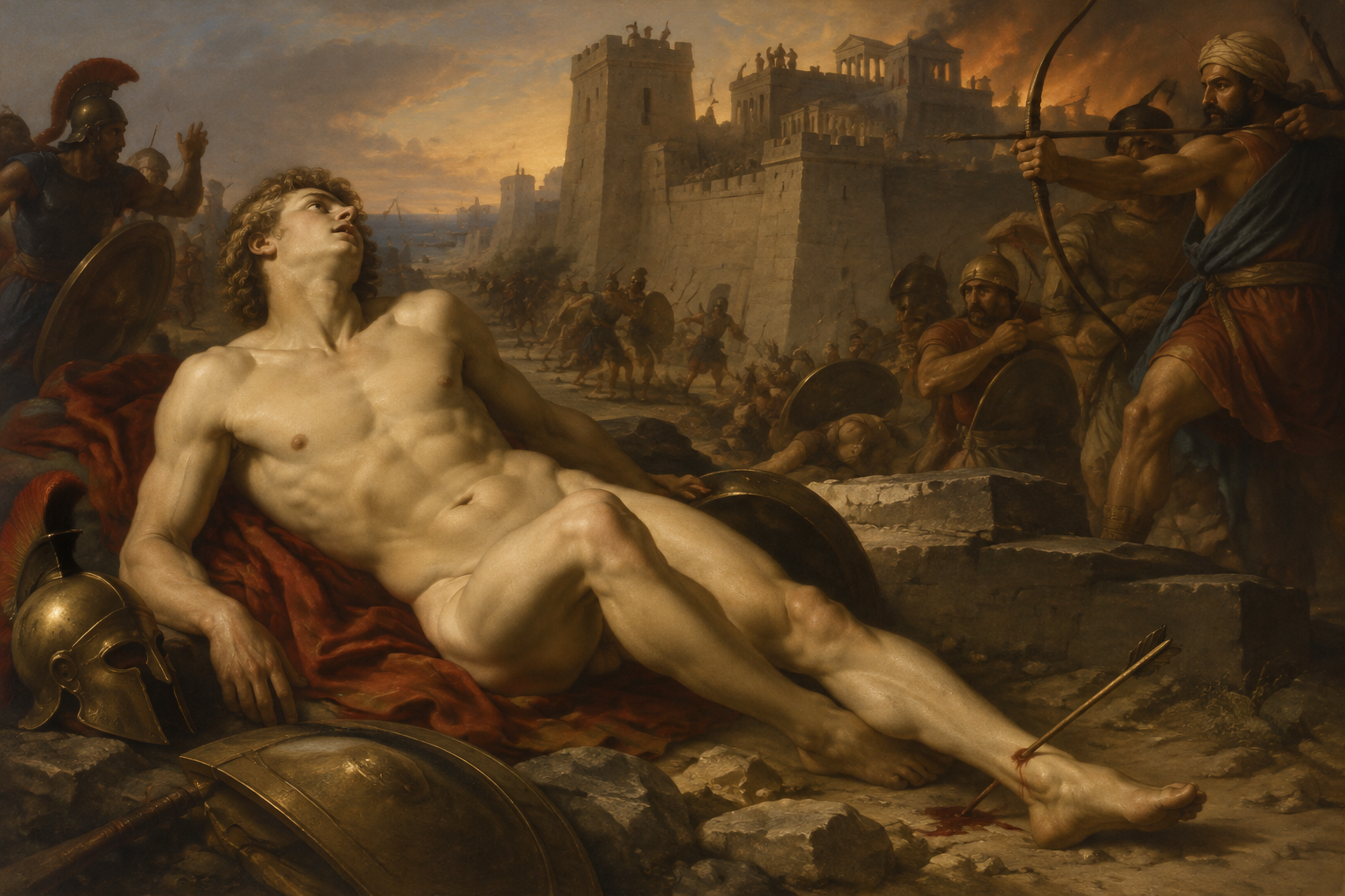 in the fall of Troy the ignudi Achilles is killed by an arrow that pierced his heel