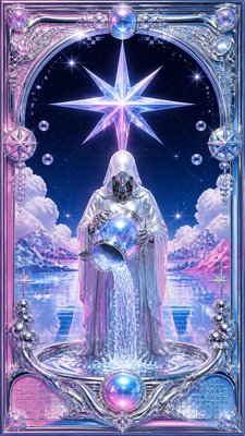 a robed figure pouring water beneath a large eight-pointed star in a night sky, symmetrical composition with an ornate decorative border, no text