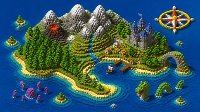 a map of an island realm with mountains, forests, a sheltered bay, sea monsters in the water and a compass rose, no text labels