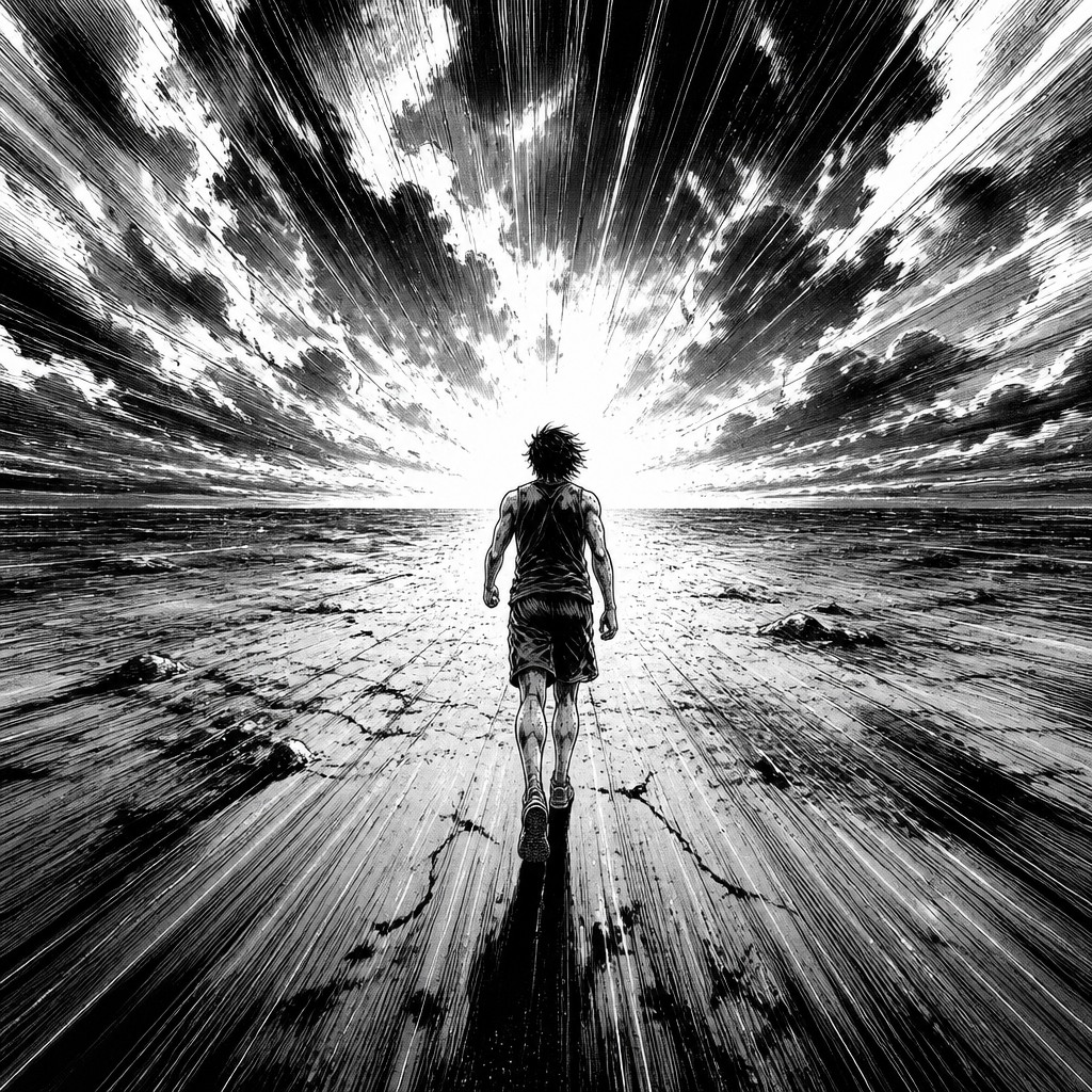 a solitary figure walking toward a glowing horizon across an empty plain, moody atmosphere, no text or lettering
