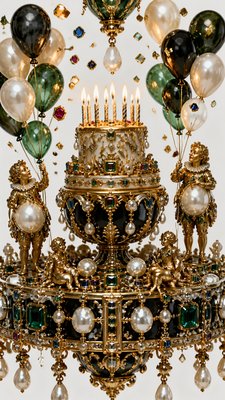 a birthday cake with lit candles surrounded by balloons and confetti, festive vertical composition, no text