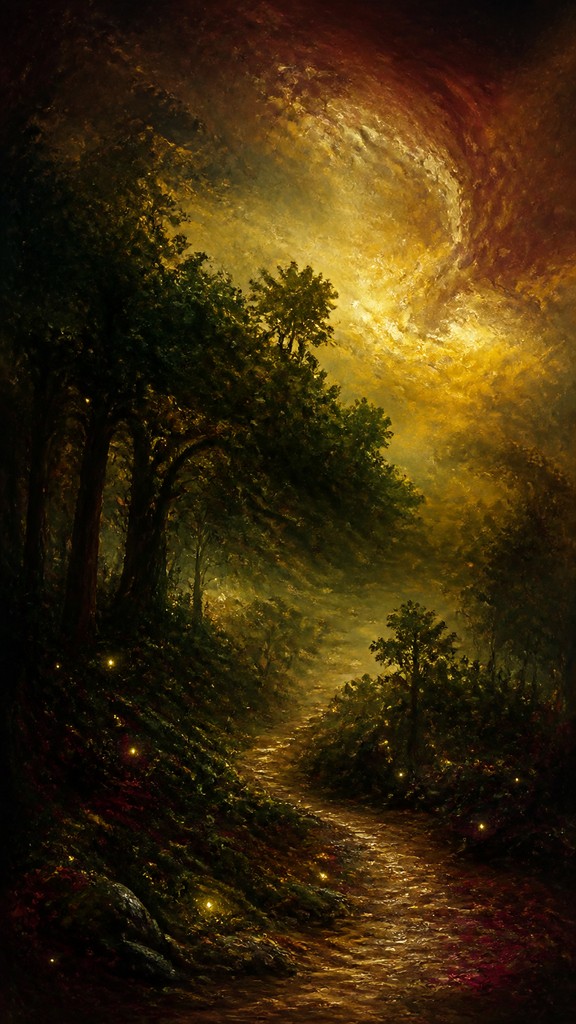 a mysterious forest path with fireflies and drifting mist, atmospheric vertical composition with open space at the top, no text