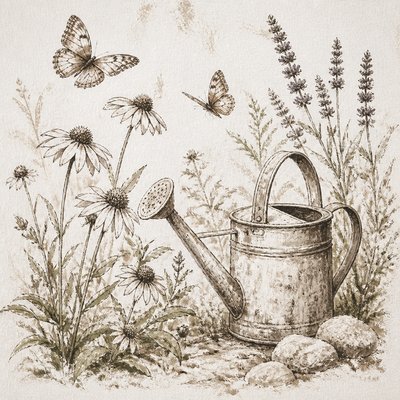 a garden scene with butterflies, flowers and a watering can, clean uncolored line art, no text