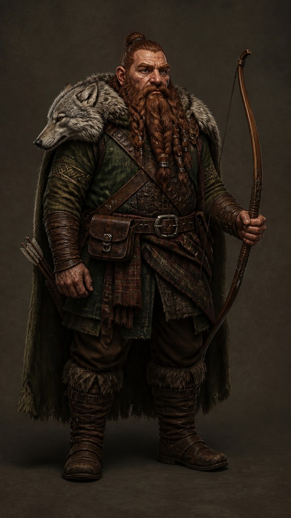 full-body original character: a dwarven ranger with a braided auburn beard, worn leather armor, a longbow and a wolf-pelt cloak, neutral background, no text