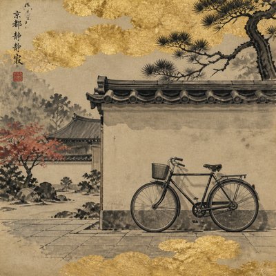bicyle resting against a wall — Kyoto Zen Art Style