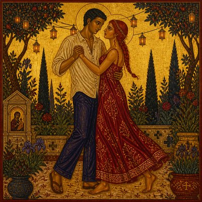 an original couple dancing under string lights in a garden at dusk: a man with short black hair in a linen shirt and a woman with braided red hair in a summer dress