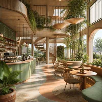 cozy cafe interior with warm lighting