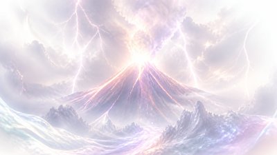 an erupting volcano with lightning strikes, dramatic wide composition, no text