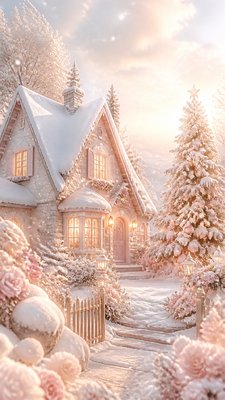 a snow-covered cottage with warm glowing windows beside a decorated pine tree, gentle snowfall, no text