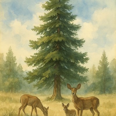 A serene and majestic watercolor painting, capturing the essence of a grand, towering evergreen tree (like the dominant one in the provided image) standing proudly in a sun-dappled, open forest glade. The tree's deep green needles are rendered with varying washes, showcasing its immense height and full, tiered branches that reach towards a partly cloudy, bright blue sky.

Around the base of this glorious tree, two or three graceful mule deer are depicted. One might be grazing peacefully, another looking up towards the viewer with its large, expressive ears, and a fawn possibly tucked nearby. Their coats are rendered in soft, earthy watercolor tones of grey-brown, with delicate highlights and shading to suggest their gentle forms and distinctive white rumps and tails.

The surrounding landscape features a subtle ground cover of dry grasses and scattered undergrowth, characteristic of a high-desert or mountain forest floor, painted with soft, blended washes of ochre, sage green, and light brown. The sky above is a classic watercolor blend of soft blues and wispy white clouds. The overall mood is one of tranquil natural beauty, quiet majesty, and a harmonious coexistence of wildlife and ancient trees, rendered with the flowing, luminous quality of watercolor art."