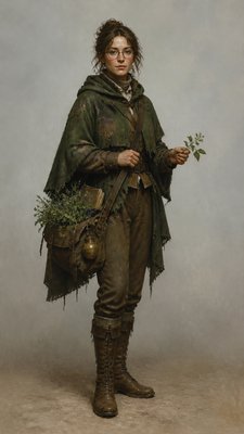full-body original character: a wandering botanist with a satchel of plants, a patched green cloak, tall boots and round glasses, neutral background