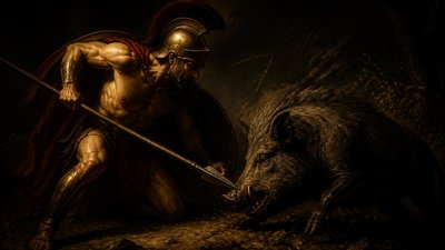 greek warrior hunting a boar