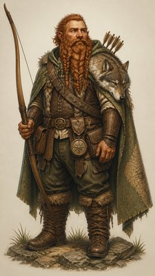 full-body original character: a dwarven ranger with a braided auburn beard, worn leather armor, a longbow and a wolf-pelt cloak, neutral background, no text