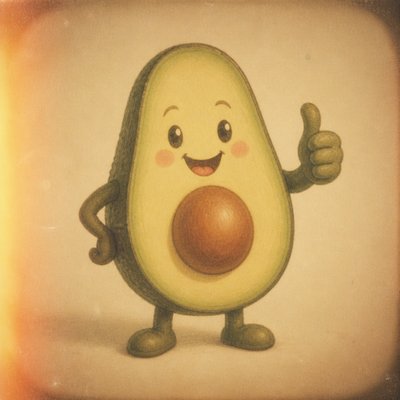 a happy avocado character giving a thumbs up, bold readable design on a plain background, no text