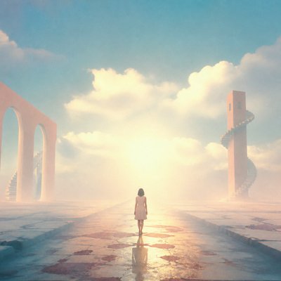 a solitary figure walking toward a glowing horizon across an empty plain, moody atmosphere, no text or lettering