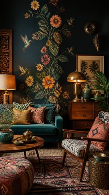 a climbing vine of flowers and hummingbirds on a dark background, tall wrapping composition, no text