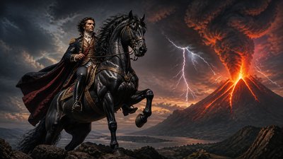 an erupting volcano with lightning strikes, dramatic wide composition, no text