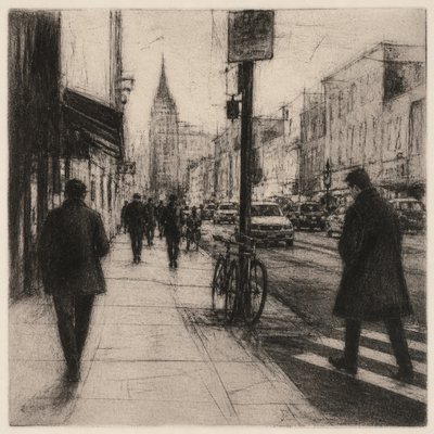 urban street with city activity — Drypoint Print Style