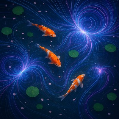 A koi pond seen from above, orange and white koi fish swimming among lily pads, clear water with subtle ripples, fallen cherry blossom petals floating on the surface, dappled sunlight