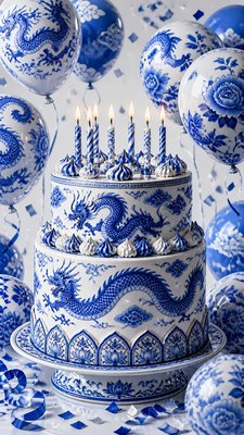 a birthday cake with lit candles surrounded by balloons and confetti, festive vertical composition, no text