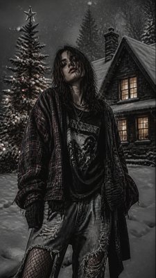 a snow-covered cottage with warm glowing windows beside a decorated pine tree, gentle snowfall, no text
