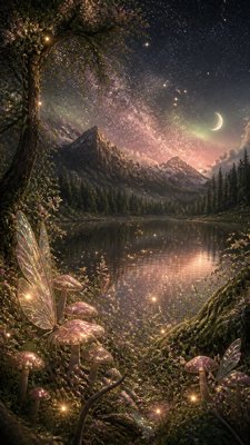 a tranquil mountain lake beneath a starry night sky, no people, no text